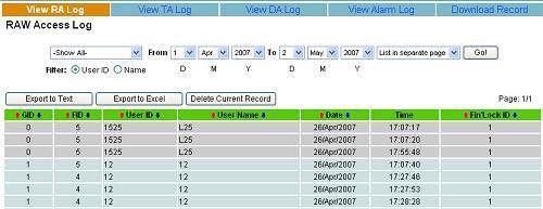 4.3 Access Record There are 4 types of user access log. Raw Access Log (RAL) Time Attendance Log (TAL).