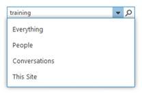 2. To specify where SharePoint should search, click the down arrow and choose from the list. Click the magnifying glass to search. 3. The search results appear on the screen.