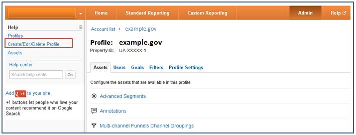 Figure 2: Administrator view of Assets for the example.gov profile Each profile has its own goals, which you set on the Goals sub-tab.