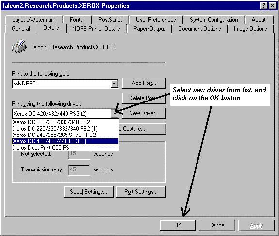 Changing a Driver at the Workstation 1. At the workstation, right click on the NDPS Printer printer object in the Printers folder and selecting Properties. 2. Select the Details tab. 3.