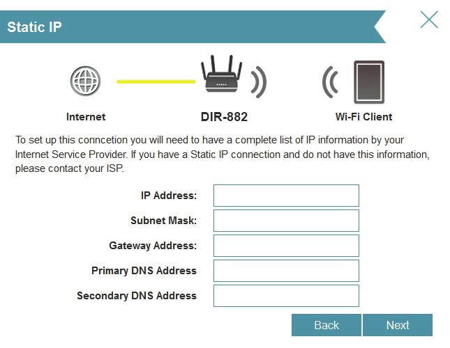 If you have a Static IP connection, enter the IP information and DNS settings supplied by your ISP. Click Next to continue.