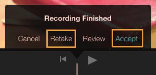 When you are ready to record your voiceover tap RECORD. imovie will count down from 3 moving back 3 seconds into the project. Once the countdown is complete, start speaking into the mic.
