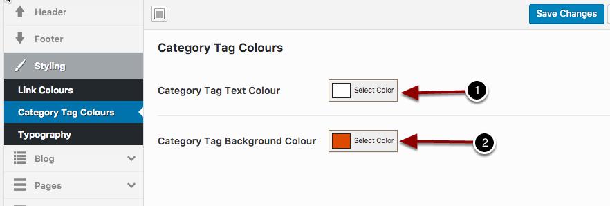 3.4.2. Category Tag Colours The Category Tag Colours option allows you to customize the tags styling within your blog. You can find this option within Theme Options > Styling > Category Tag Colours 1.