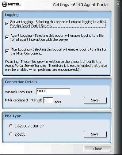 20 Agent Portal Server Figure 4-16 Settings window 2. Select the type of logging you wish to enable by selecting one of the following options: Server Logging: logs all the Agent Portal Server actions.