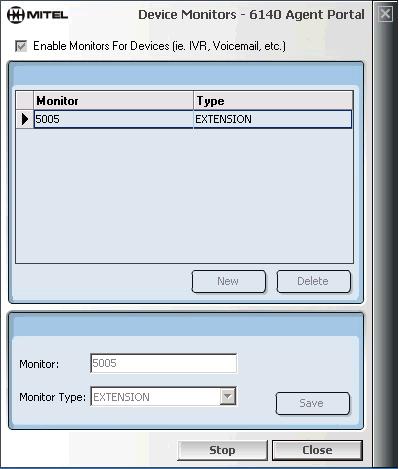 Agent Portal Server 21 Enabling monitoring for a device The Device Monitors window displays the extensions or trunks that route external calls through the device types such as IVRs or Voice Mail.