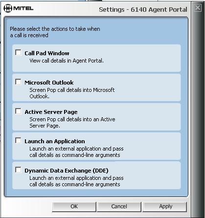 34 Agent Portal Client Figure 4-10 Settings window 2. Click in the selection boxes to select one or more applications to launch when a call is received.