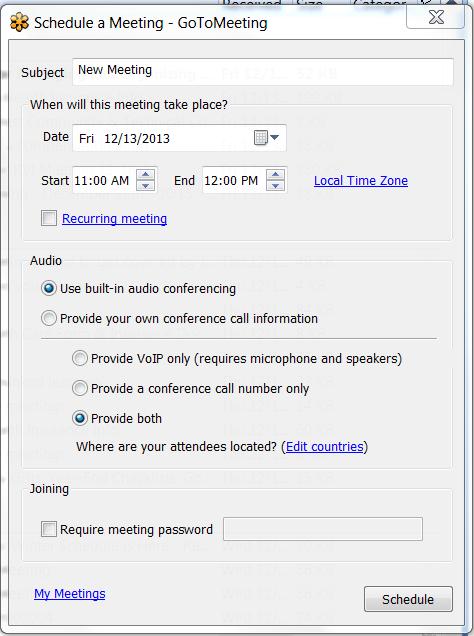 Enter Subject of meeting, date and time Select if it is recurring or not Select audio information as defaulted Use built-in