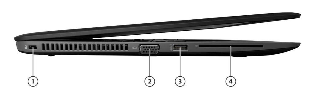Overview Left 1 Security lock slot 3. USB 3.0 port (charging) 2. VGA port 4.