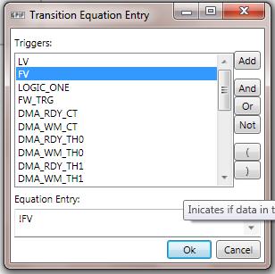 appear as equation terms to correspond to the renamed block diagram signals. To select FV low, build the equation using buttons and signal selections. Click the Not button, and the!
