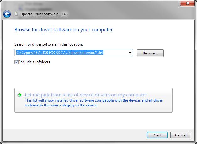 The third interface needs to be bound to the CyUSB3.sys driver, which is provided as a part of the FX3 SDK.