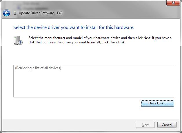 Open Device Manager, right-click on FX3 (or equivalent) under Other devices, and choose Update Driver Software 3.