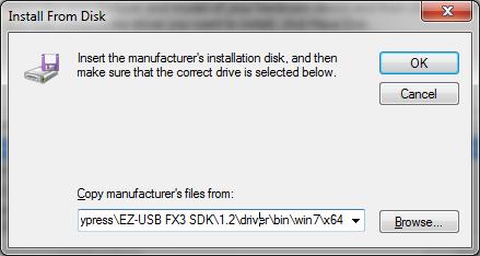6. Browse for the cyusb3.inf file in the <SDK installation>\<version>\driver\bin\<os>\x86 or \x64 folder, and click OK 7.