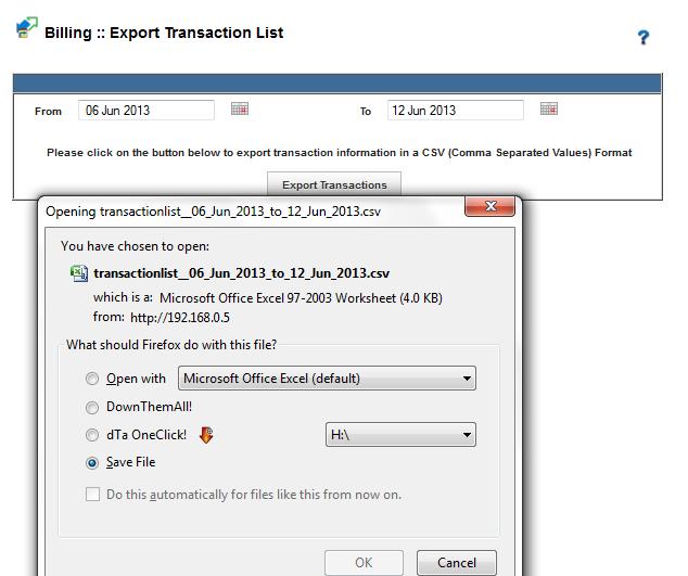 Navigate to transaction section under billing TAB. Click on export transactions list option from left pane. Select date span and click on export transactions, save file to your local disk.