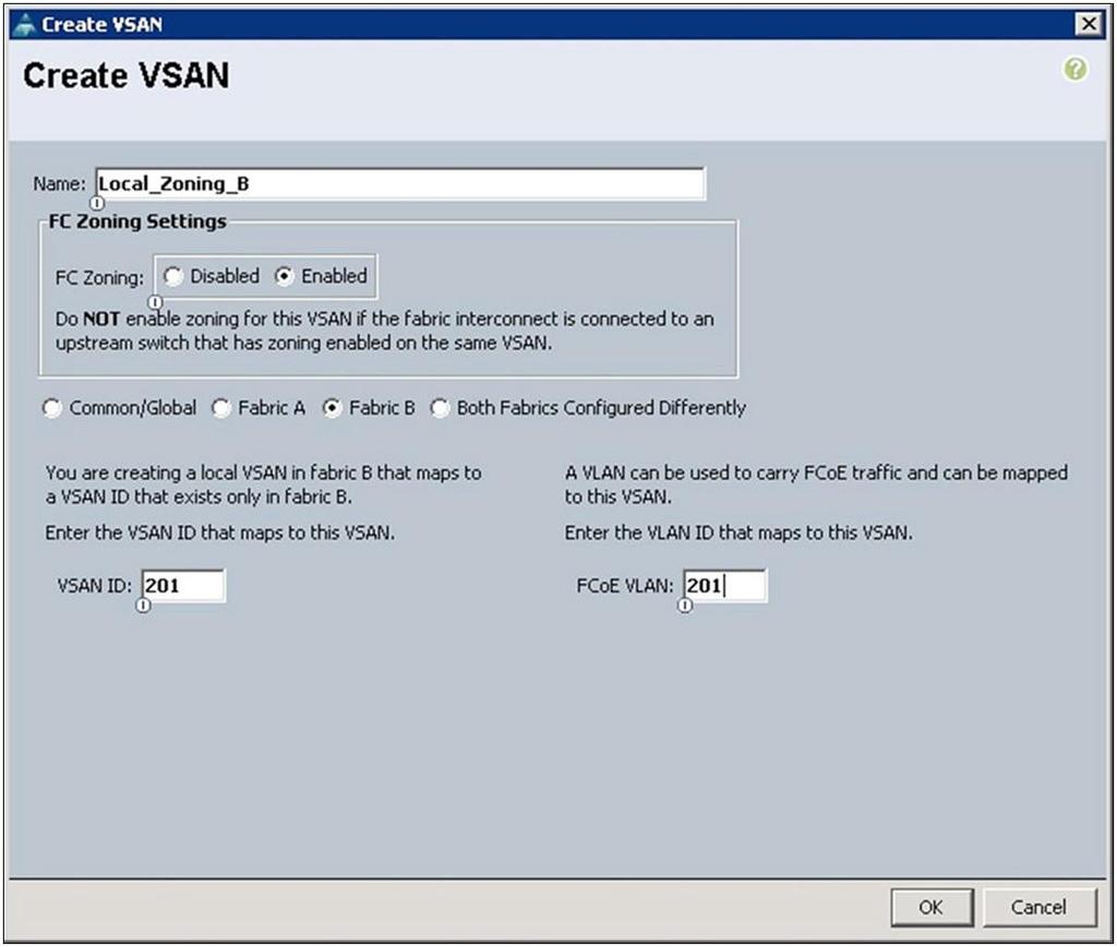 Repeat the same process for Fabric B: In the main window, click the green + button on the right. The Create VSAN window will appear. Complete the fields as follows: Name: Enter a name for the VSAN.