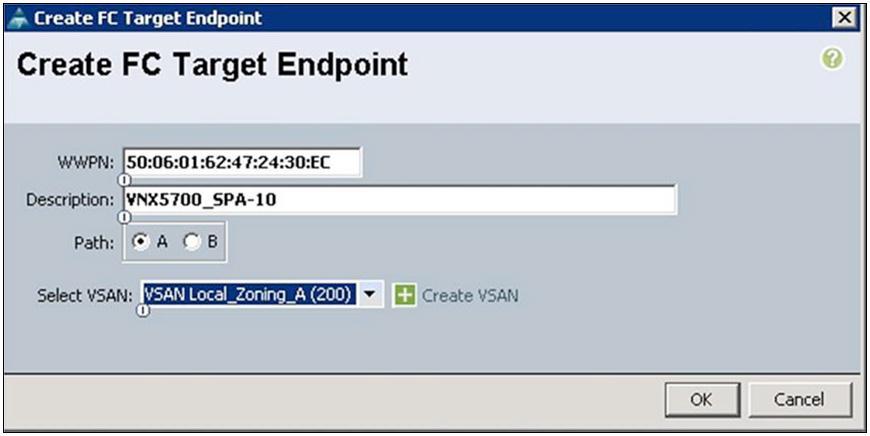 FC Target Endpoints: This pane is where the WWPNs of the storage target endpoints are added.