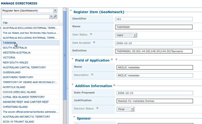 Fig. 5.10: Managing a Directory of subtemplates, opening a Register Item for editing Editing global register information To edit/change any of the global register information (eg.