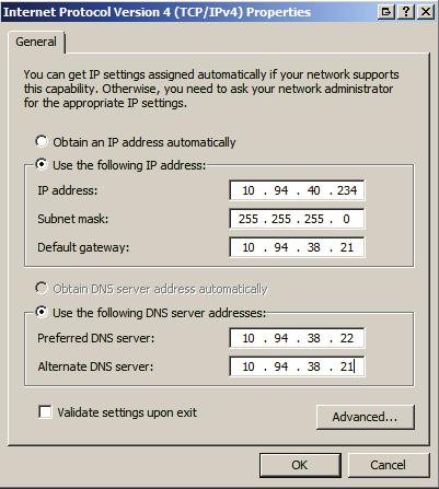 6. Enter the IP, Subnet Mask, Gateway, and DNS server information you obtained from IPCONFIG /ALL 7. Click the Advanced button. 8.