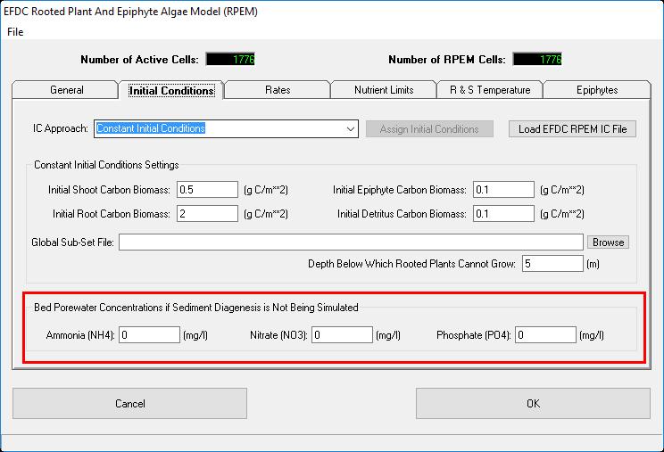 4.5 RPEM Initial Conditions Setting Setting the initial conditions in the RPEM sub-model is now much simpler in EE. EFDC can support two kinds of IC input files.
