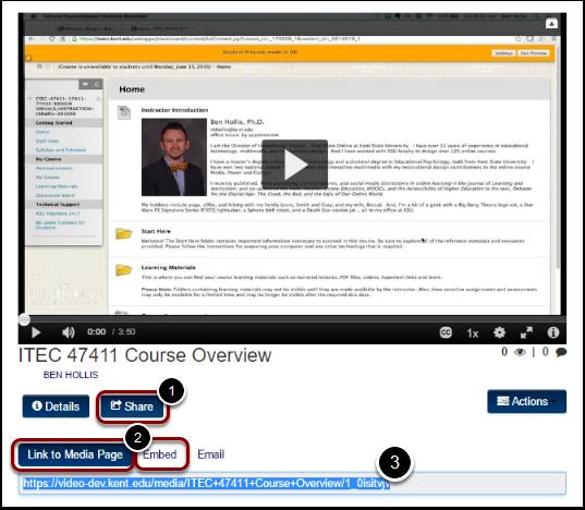 URL and Embed Code To locate the video's URL and embed code, review your video in video.kent.edu. 1. Click the Share button underneath the video player. 2.