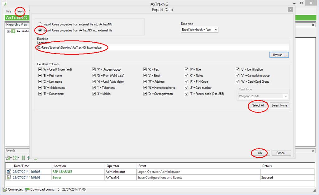 Select Tools, Import/Export Data from the main AxtraxNG window. Select Export. Specify a location for the file.