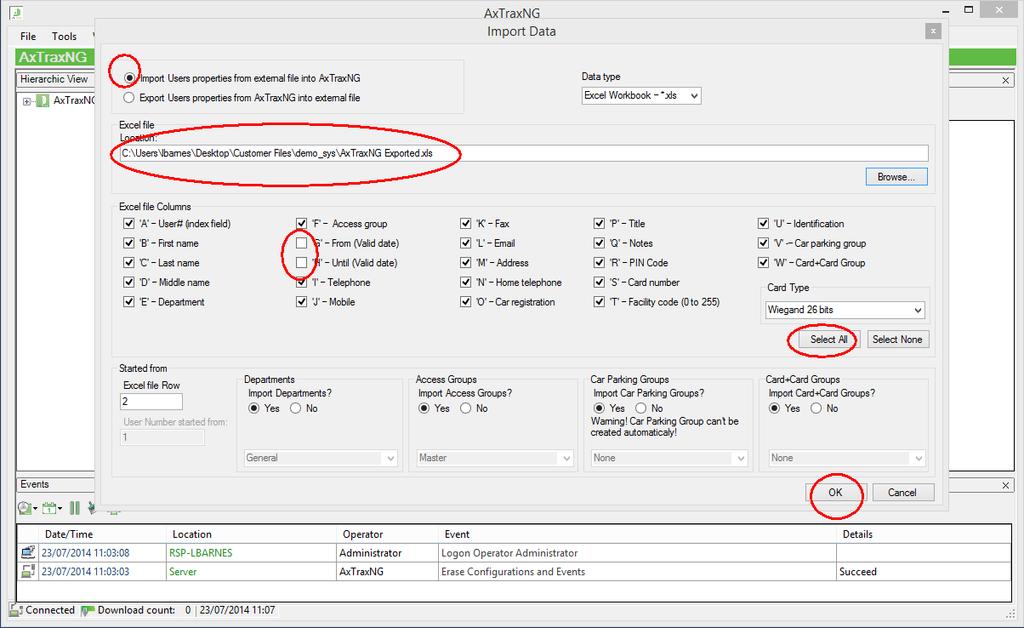 Select Tools, Import/Export Data from the main AxtraxNG window. Select Import. Specify a location for the file.