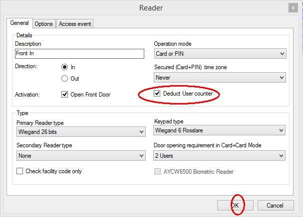On the Reader Properties window, to use the user counter option you must enable Deduct User Counter on each reader that is to be used