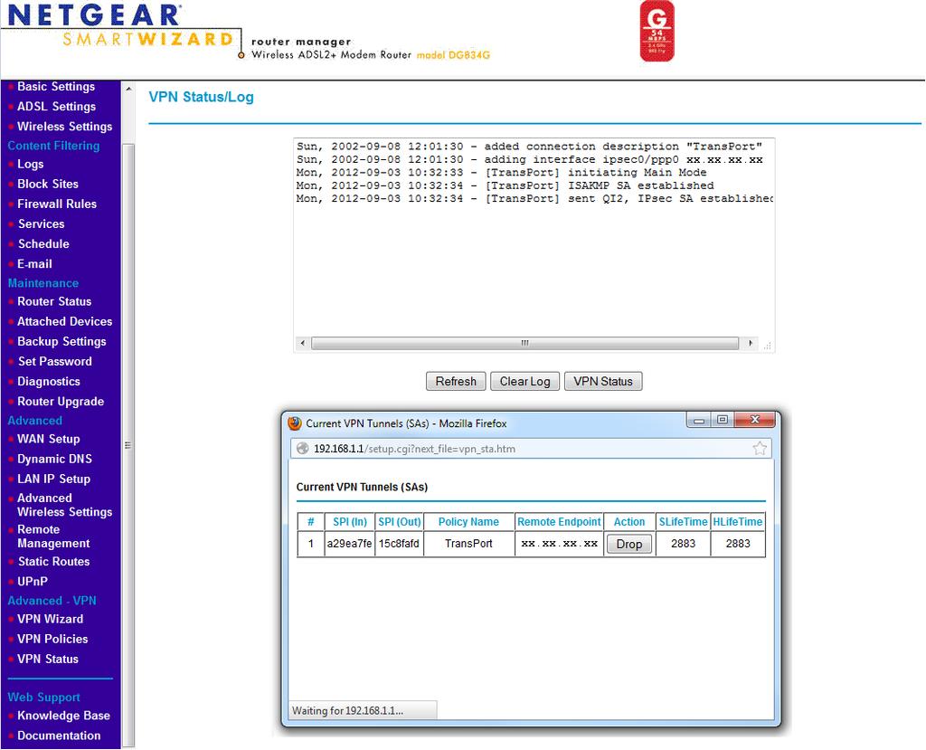 On the Netgear router, from the menu on the left choose VPN Status.