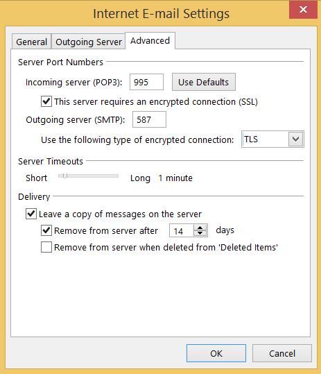 (Using TLS/SSL connection) Incoming server (POP3): 995 Check This server requires an encrypted
