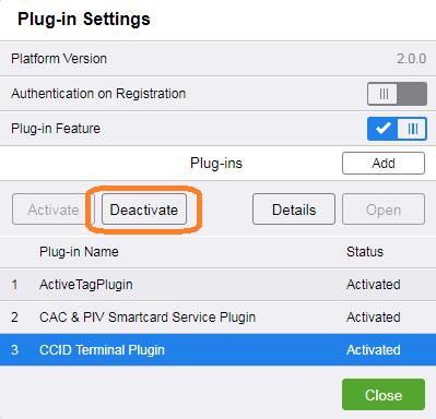 Deactivating and Activating the CCID Terminal Service Plug-In This task is only required if the version number of the currently installed plug-in is lower than the plug-in downloaded from Xerox.com.