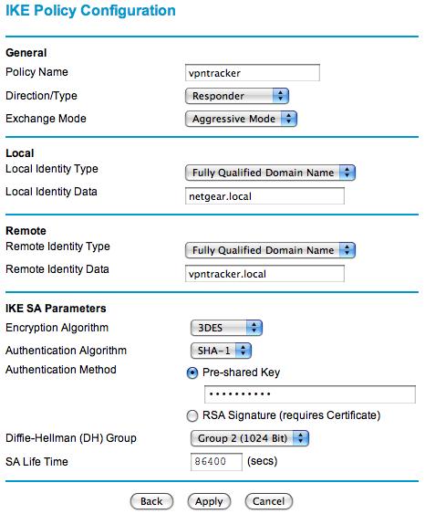 ➋ ➌ ➊ Policy Name: Enter a name for the connection Direction / Type: Select Responder Exchange Mode: Select Aggressive Mode Local Identity Type: Select Fully Qualified Domain Name Local Identity