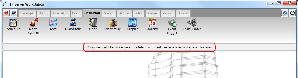 58 EntraPass Desktops 3 Choose the Component list filter workspace and the Event message filter workspace from the drop down menus in order to create a temporary workspace.