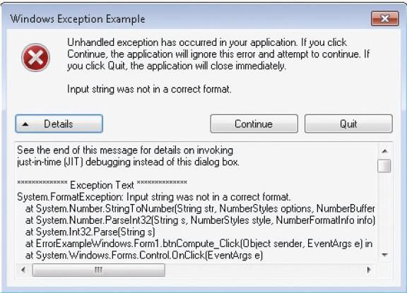 Bugs, Errors, and Exceptions (continued) Stack trace Figure 12-13 Unhandled exception