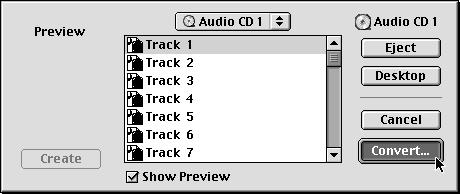 Figure 13.11 Choose Import from the File menu. (Open Movie will work, too.) Figure 13.12 Select a file from the audio CD, and click Convert. Figure 13.13 You can click Save immediately, or you can first click the Options button.