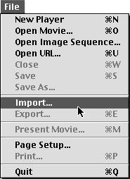 Chapter 13 Creating a Sound Track from a Sound File To create a sound track from a System 7 sound file: 1. From the File menu choose Import (Figure 13.7) or Open Movie. 2.