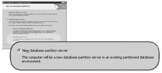 the Partitioned database environment radio button and the New database partition server radio button.
