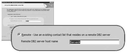 Specify the hostname of the primary computer where you installed the instance owning database partition server and set up the contact list.