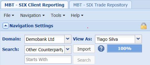 Go to the MBT SIX Client Reporting environment. 2. Select the correct Domain for which you want to upload the report. 3. Click Import and browse the report file.