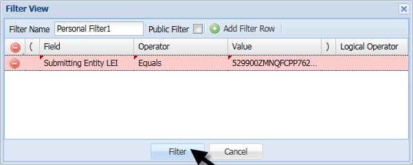 7. Set all relevant filter values and click Filter to create a filter view. 8.