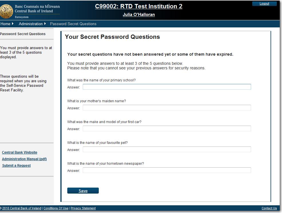 Fig 2.5 Below is the screen display with secret password questions. 2.4.