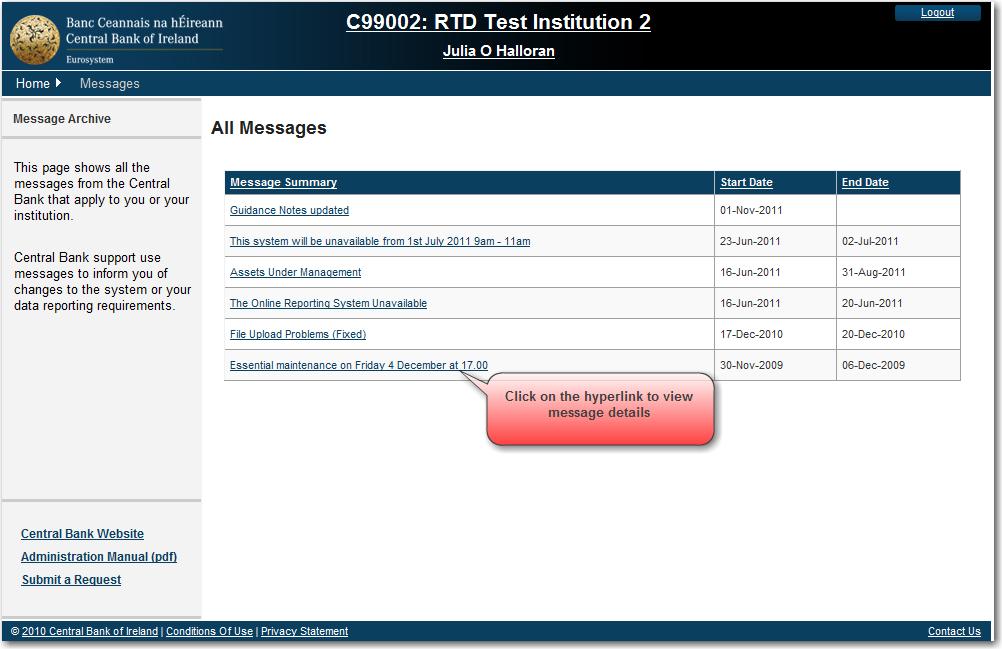 2.6.2 View Message Archive Click Go to Message Archive >> to view older