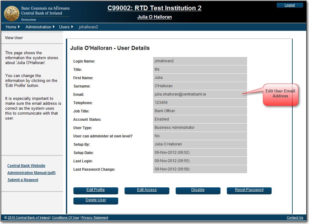 Fig 3.1 Fields that cannot be edited appear in light grey font (e.g. Login name).