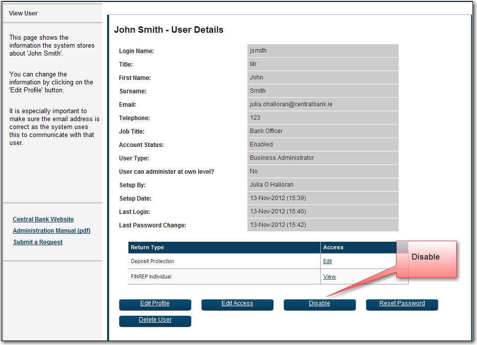 Fig 4.22 The User Details screen is displayed, showing an Account Status of Disabled.