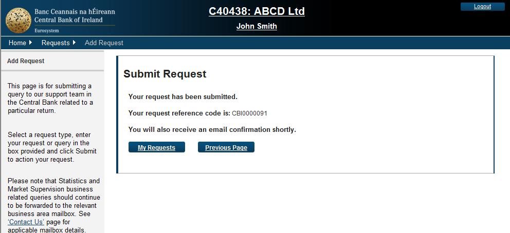 c) The Submit Request screen will appear on the ONR with a reference