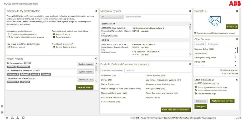 Figure 21: The myabb business portal Dashboard. The following services are available via the widgets on the myabb business portal Dashboard page.