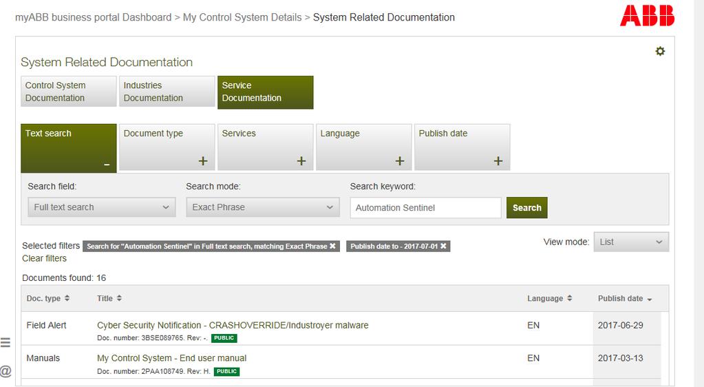 Find service related documentation at System Related Documentation and Control System Documentation in the Service Documentation tab.