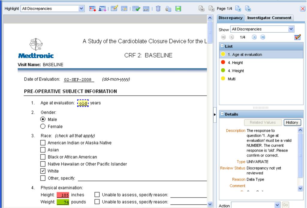 DISCREPANCY MANAGEMENT: NAVIGATOR PANE Click on a discrepancy in the list. A blue dashed box is displayed around the question. Details are displayed in the bottom right Details pane.
