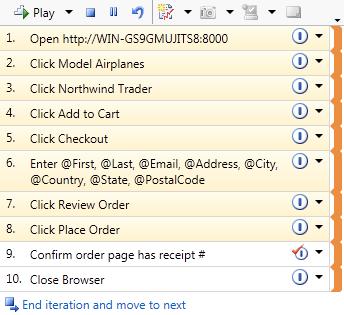 Figure 13 Selecting all steps up to Click Place Order, inclusively 22. Click the Play button to automatically run the selected steps.