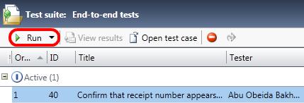 3. In the right pane, select the test titled Confirm that receipt number appears after successful order and click the Run button. Figure 7 Run button location 4.
