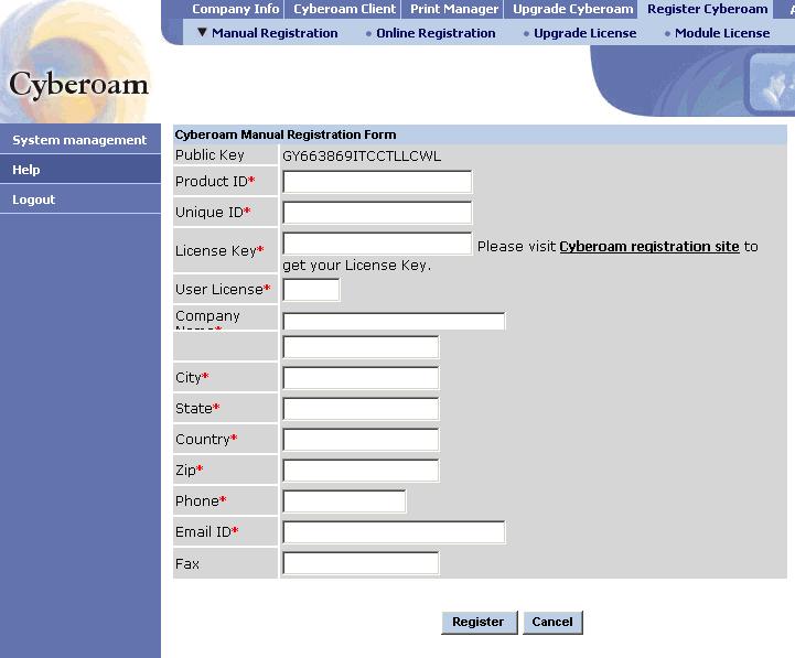 Registration Manual registration Select Help Register Cyberoam Manual registration Screen Elements Cyberoam Registration form Public key Product ID Unique ID License key Description Displays the