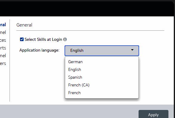 Using Agent Desktop Plus Customizing your Station General Settings The general settings define your ability to choose your skills distinctly at each login and also determine the display language.